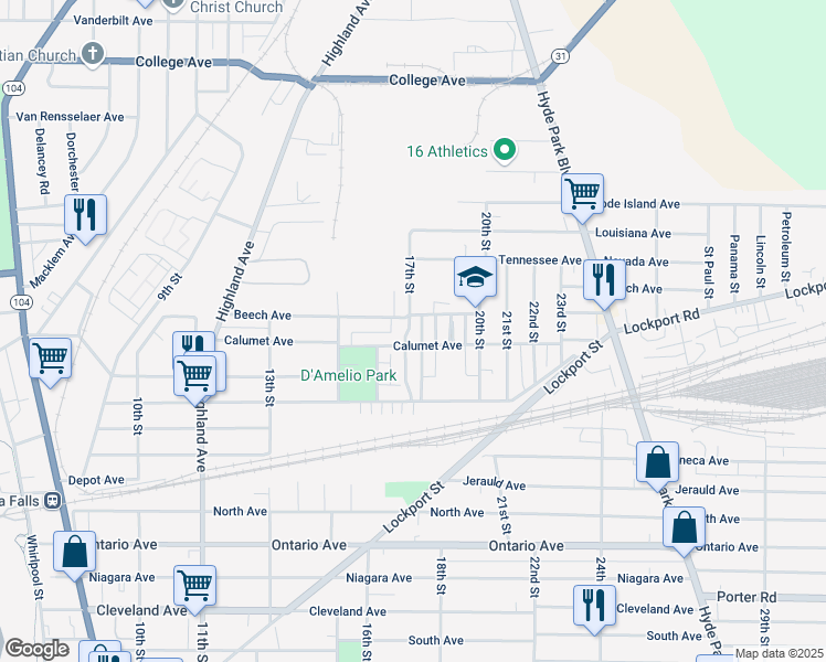 map of restaurants, bars, coffee shops, grocery stores, and more near 1710 Calumet Avenue in Niagara Falls