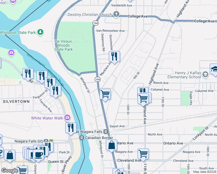 map of restaurants, bars, coffee shops, grocery stores, and more near 721 Monteagle Street in Niagara Falls