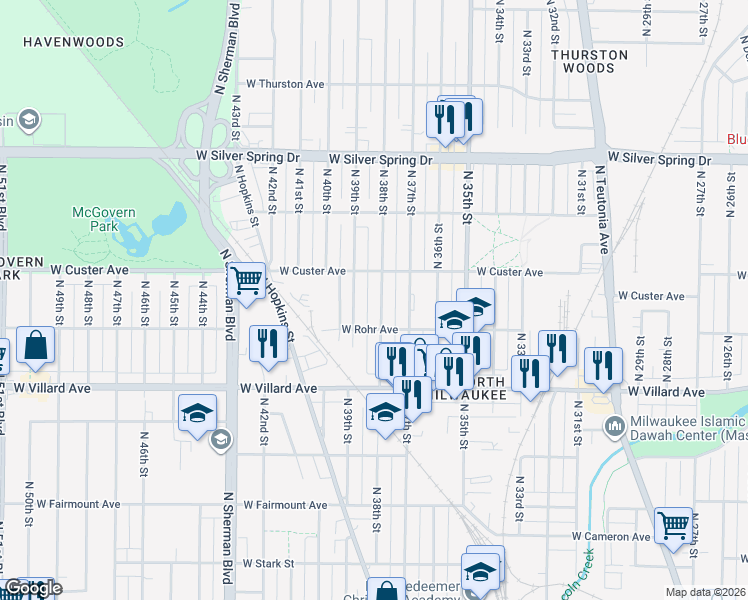 map of restaurants, bars, coffee shops, grocery stores, and more near 5330A North 38th Street in Milwaukee