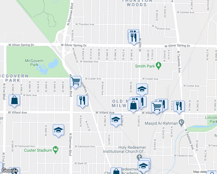 map of restaurants, bars, coffee shops, grocery stores, and more near 5333 North 39th Street in Milwaukee