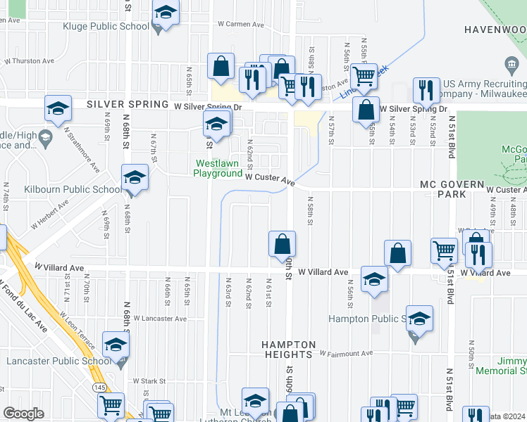 map of restaurants, bars, coffee shops, grocery stores, and more near 5324 North 62nd Street in Milwaukee