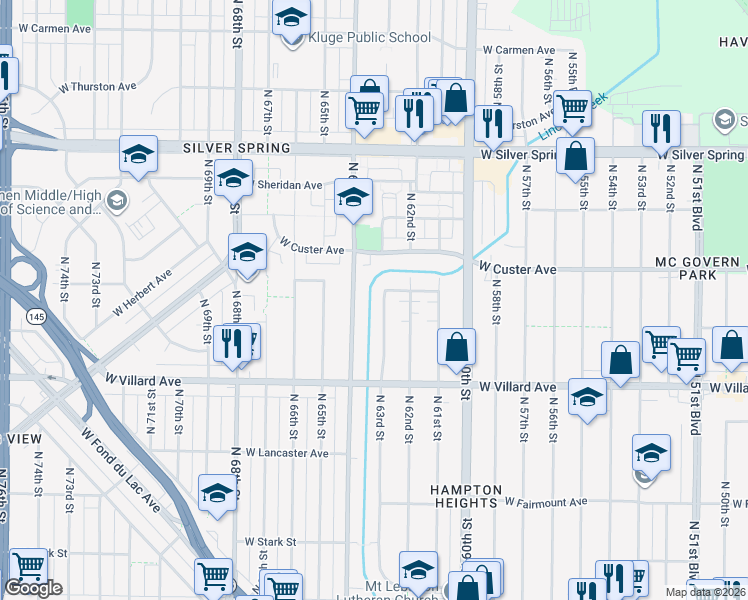 map of restaurants, bars, coffee shops, grocery stores, and more near 5325 North 63rd Street in Milwaukee