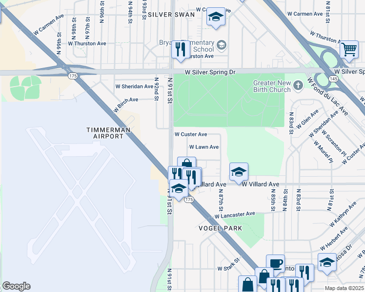 map of restaurants, bars, coffee shops, grocery stores, and more near 5310 North 90th Street in Milwaukee
