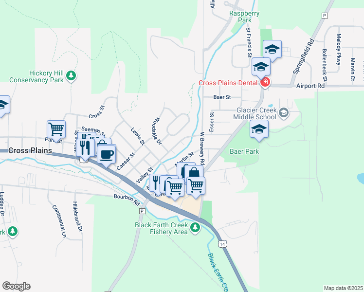 map of restaurants, bars, coffee shops, grocery stores, and more near 2512 Valley Street in Cross Plains