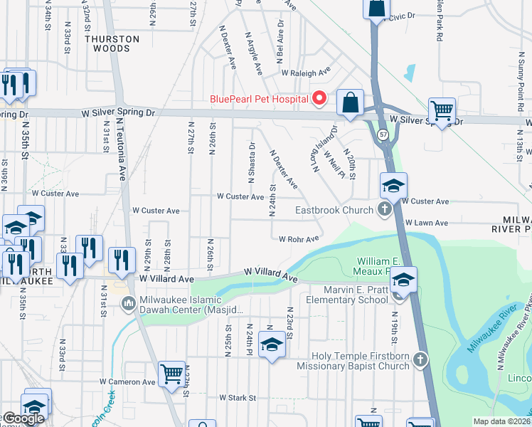 map of restaurants, bars, coffee shops, grocery stores, and more near 2416 West Lawn Avenue in Milwaukee