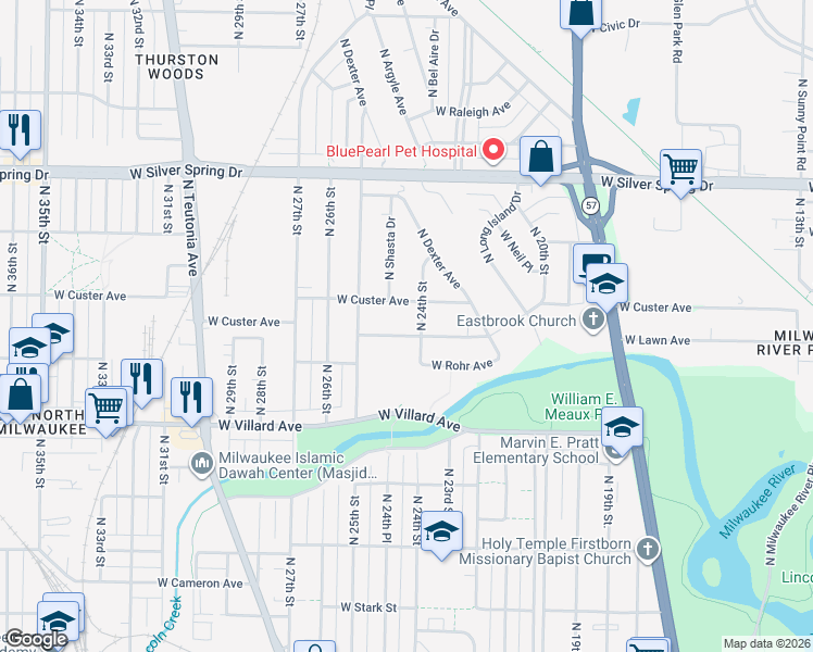 map of restaurants, bars, coffee shops, grocery stores, and more near 2416 West Lawn Avenue in Milwaukee