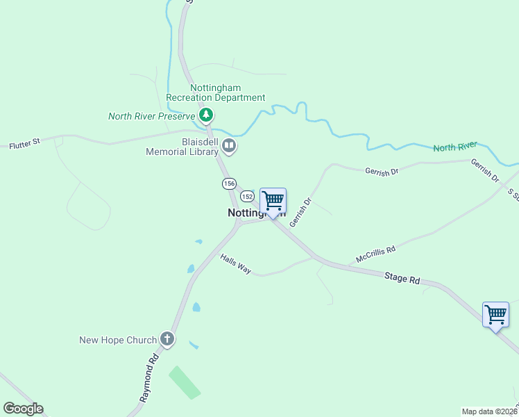 map of restaurants, bars, coffee shops, grocery stores, and more near New Hampshire 152 in Nottingham