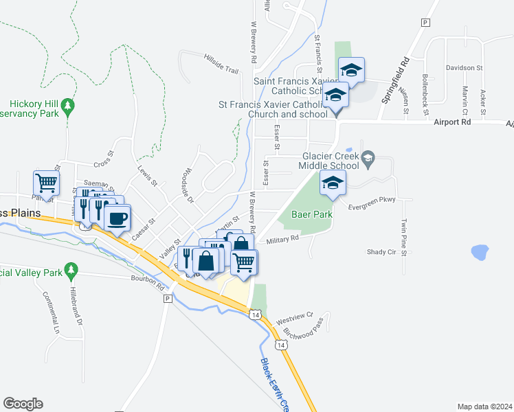 map of restaurants, bars, coffee shops, grocery stores, and more near 2607 Eller Street in Cross Plains