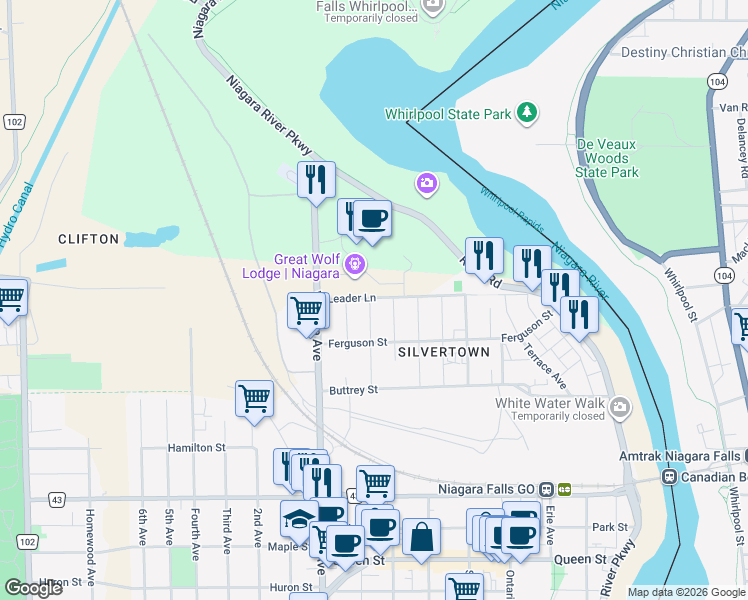 map of restaurants, bars, coffee shops, grocery stores, and more near 4076 Dyson Avenue in Niagara Falls