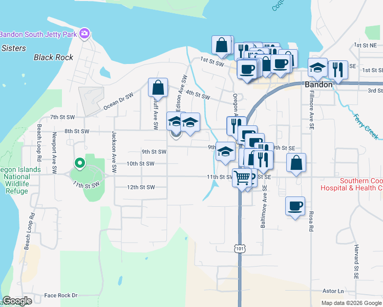 map of restaurants, bars, coffee shops, grocery stores, and more near 471 9th Street Southwest in Bandon