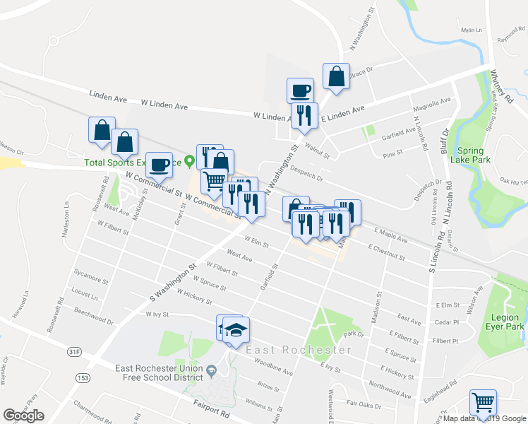 map of restaurants, bars, coffee shops, grocery stores, and more near 228 West Chestnut Street in East Rochester