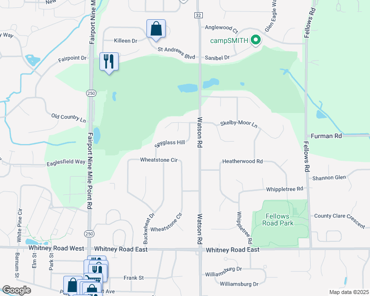 map of restaurants, bars, coffee shops, grocery stores, and more near 501 Watson Road in Fairport