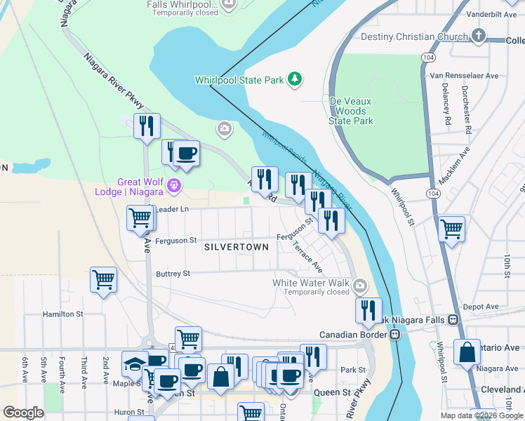 map of restaurants, bars, coffee shops, grocery stores, and more near 4434 Leader Lane in Niagara Falls