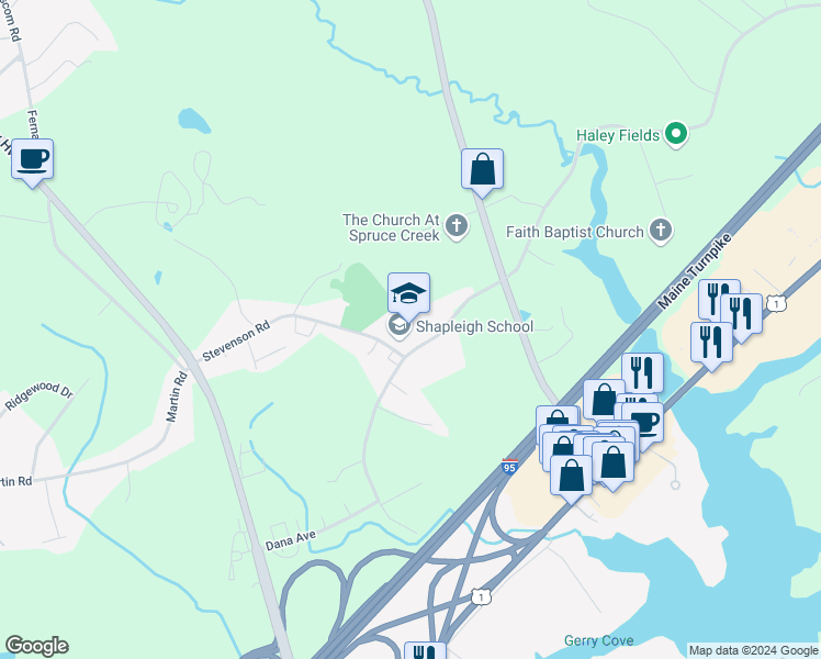 map of restaurants, bars, coffee shops, grocery stores, and more near 43 Stevenson Road in Kittery