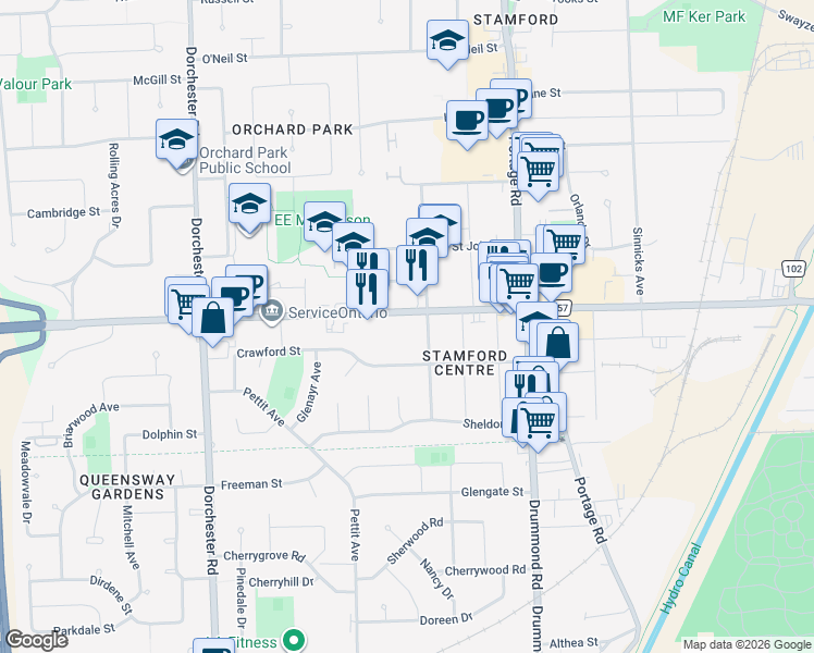 map of restaurants, bars, coffee shops, grocery stores, and more near 6460 Regional Road 57 in Niagara Falls
