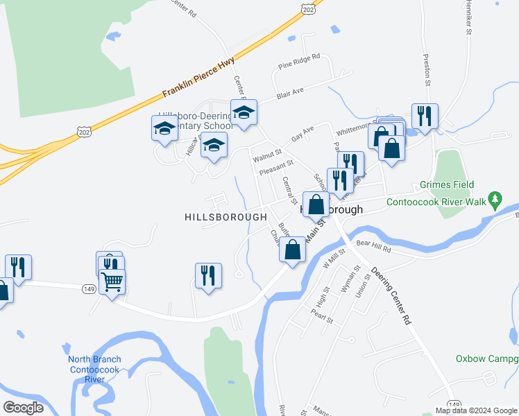 map of restaurants, bars, coffee shops, grocery stores, and more near 52 Church Street in Hillsboro
