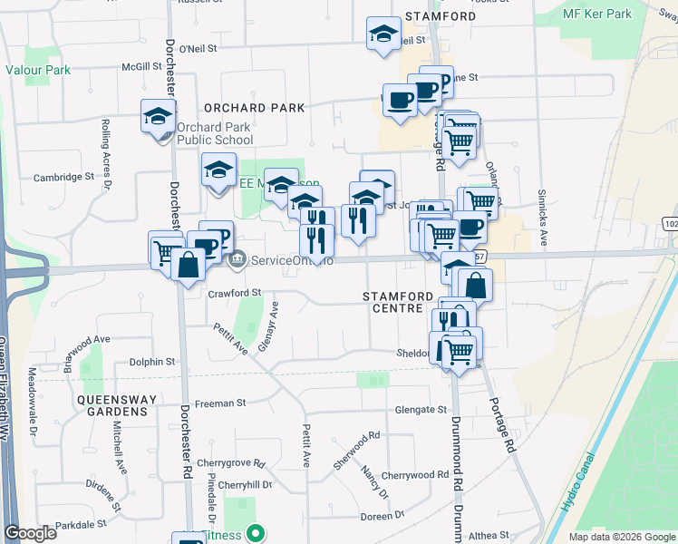 map of restaurants, bars, coffee shops, grocery stores, and more near 6460 Regional Road 57 in Niagara Falls