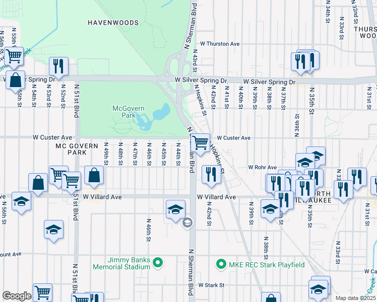 map of restaurants, bars, coffee shops, grocery stores, and more near 5324 North 44th Street in Milwaukee