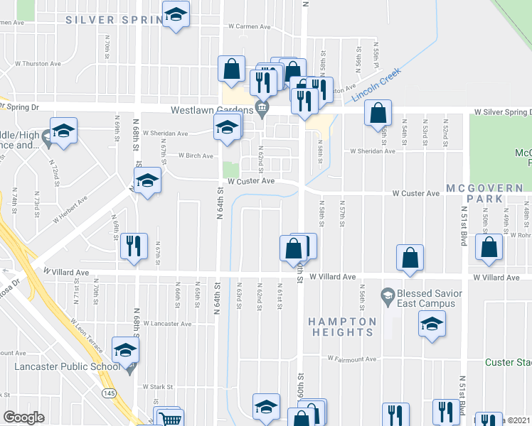 map of restaurants, bars, coffee shops, grocery stores, and more near 5324 North 62nd Street in Milwaukee