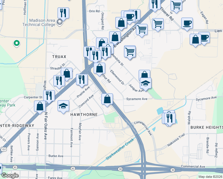 map of restaurants, bars, coffee shops, grocery stores, and more near 1360 Mac Arthur Road in Madison