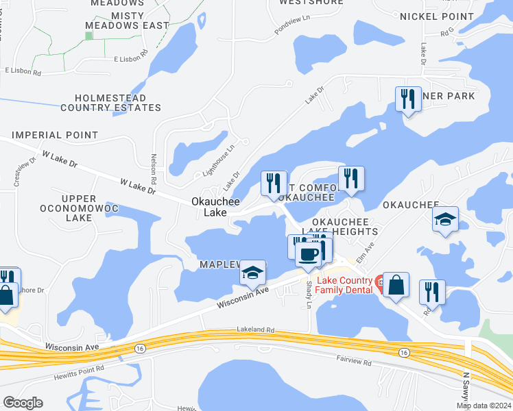 map of restaurants, bars, coffee shops, grocery stores, and more near 5 West Lake Drive in Oconomowoc