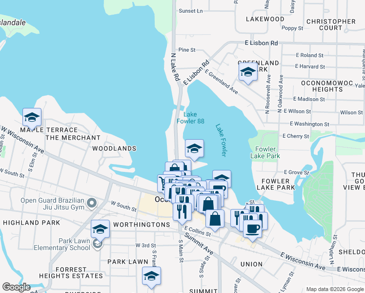 map of restaurants, bars, coffee shops, grocery stores, and more near 333 North Lake Road in Oconomowoc