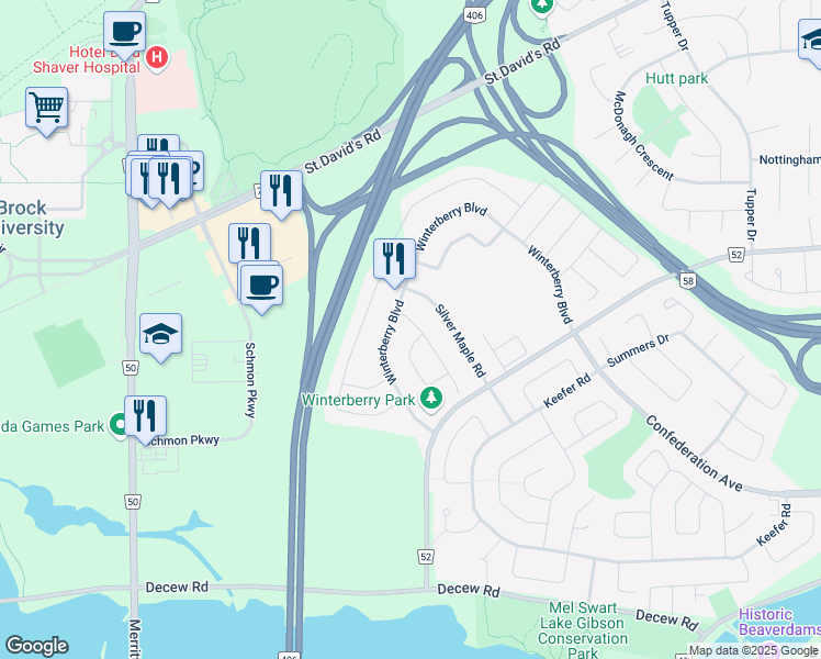 map of restaurants, bars, coffee shops, grocery stores, and more near 17 Raspberry Trail in Thorold