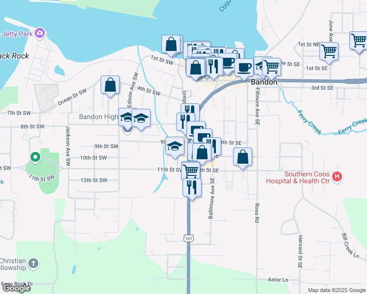 map of restaurants, bars, coffee shops, grocery stores, and more near 980 Oregon Avenue Southeast in Bandon