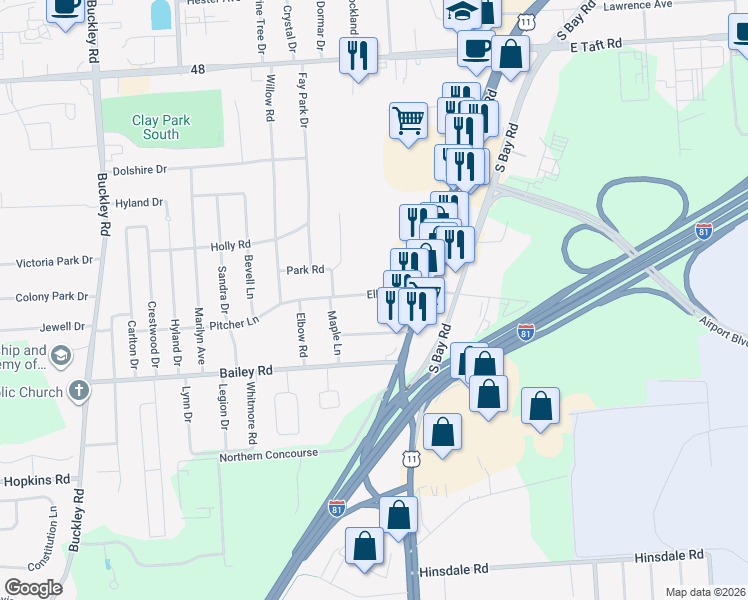 map of restaurants, bars, coffee shops, grocery stores, and more near 113 Elbow Road in Syracuse
