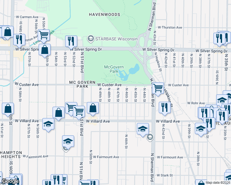 map of restaurants, bars, coffee shops, grocery stores, and more near 5328-5330 North 48th Street in Milwaukee
