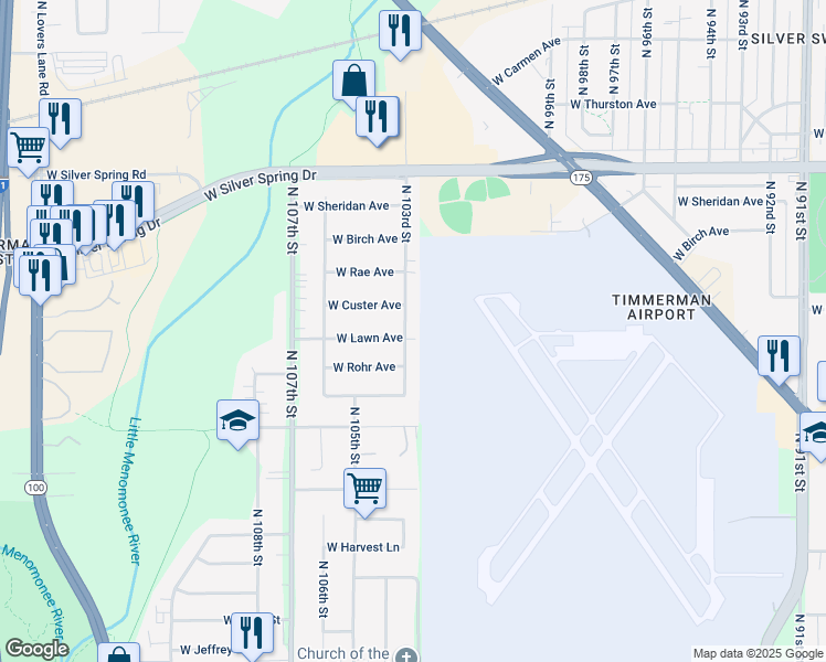 map of restaurants, bars, coffee shops, grocery stores, and more near 5344 North 103rd Street in Milwaukee