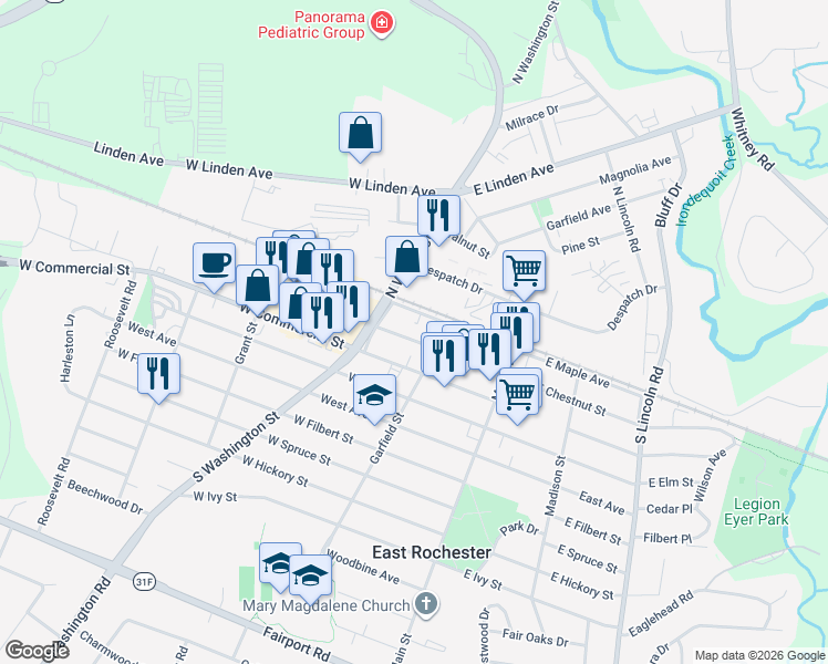 map of restaurants, bars, coffee shops, grocery stores, and more near 212 West Chestnut Street in East Rochester