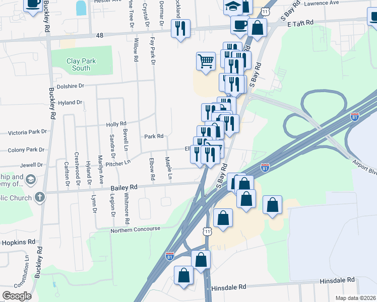 map of restaurants, bars, coffee shops, grocery stores, and more near 113 Elbow Road in Syracuse