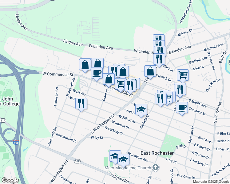 map of restaurants, bars, coffee shops, grocery stores, and more near 323 West Elm Street in East Rochester