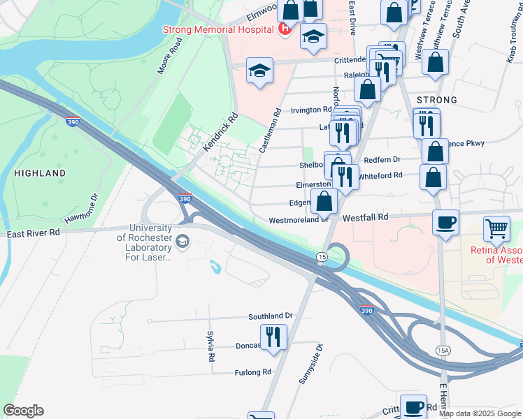 map of restaurants, bars, coffee shops, grocery stores, and more near 140 Westmoreland Drive in Rochester