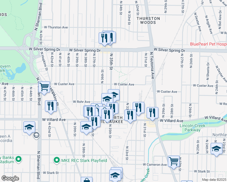 map of restaurants, bars, coffee shops, grocery stores, and more near 5337 North 34th Street in Milwaukee