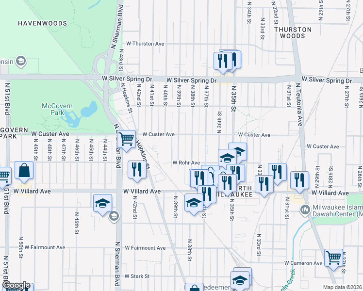 map of restaurants, bars, coffee shops, grocery stores, and more near 5333 North 39th Street in Milwaukee