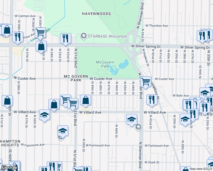 map of restaurants, bars, coffee shops, grocery stores, and more near 5328-5330 North 48th Street in Milwaukee