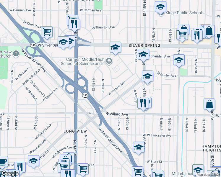 map of restaurants, bars, coffee shops, grocery stores, and more near 7127 West Tallmadge Place in Milwaukee