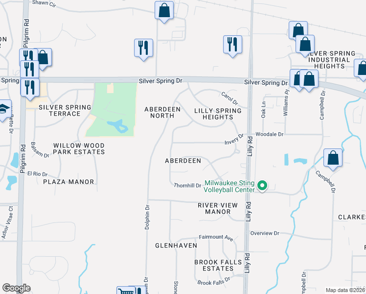 map of restaurants, bars, coffee shops, grocery stores, and more near W145N5348 Thornhill Drive in Menomonee Falls