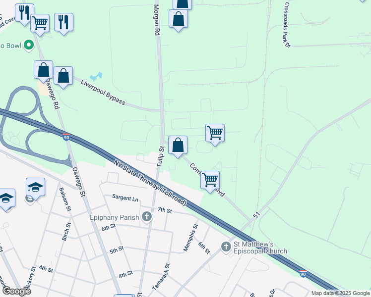 map of restaurants, bars, coffee shops, grocery stores, and more near Office Park Drive in Liverpool