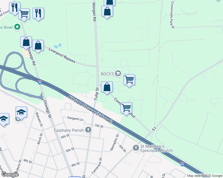 map of restaurants, bars, coffee shops, grocery stores, and more near Office Park Drive in Liverpool