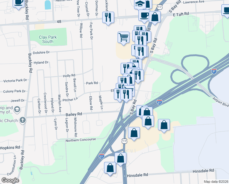 map of restaurants, bars, coffee shops, grocery stores, and more near 113 Elbow Road in Syracuse