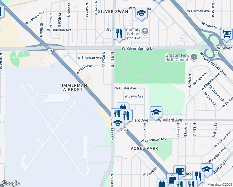 map of restaurants, bars, coffee shops, grocery stores, and more near 5340 North 91st Street in Milwaukee