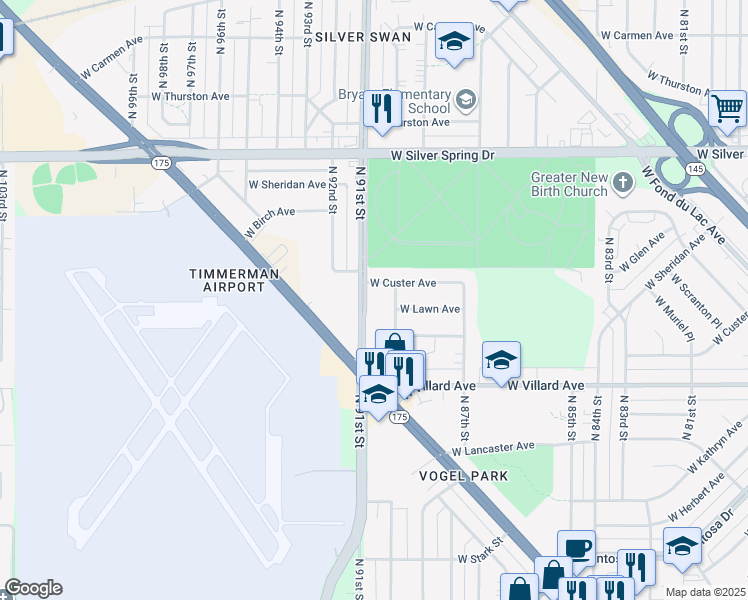 map of restaurants, bars, coffee shops, grocery stores, and more near 5336 North 91st Street in Milwaukee