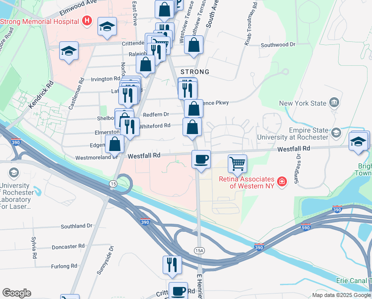map of restaurants, bars, coffee shops, grocery stores, and more near 200 Westfall Road in Rochester