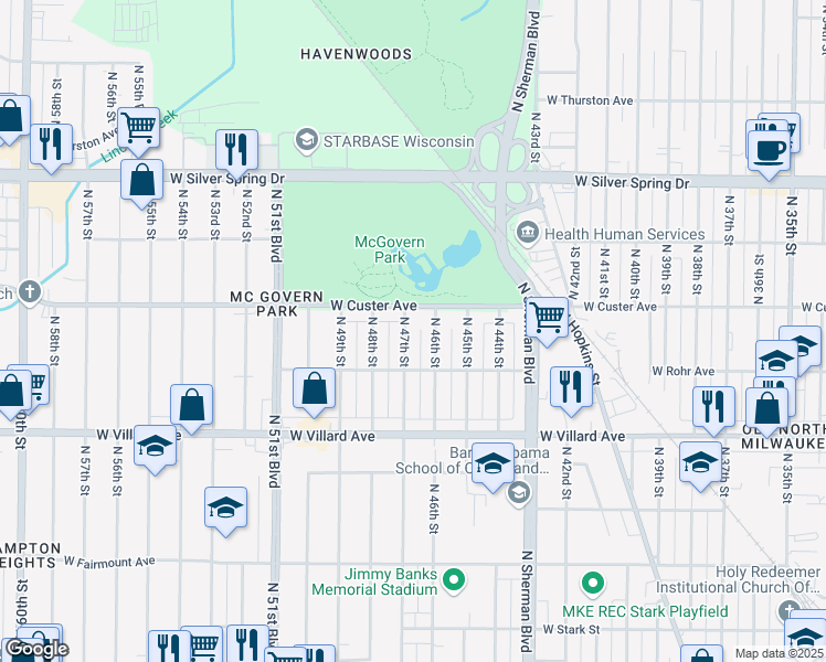 map of restaurants, bars, coffee shops, grocery stores, and more near 5354 North 47th Street in Milwaukee