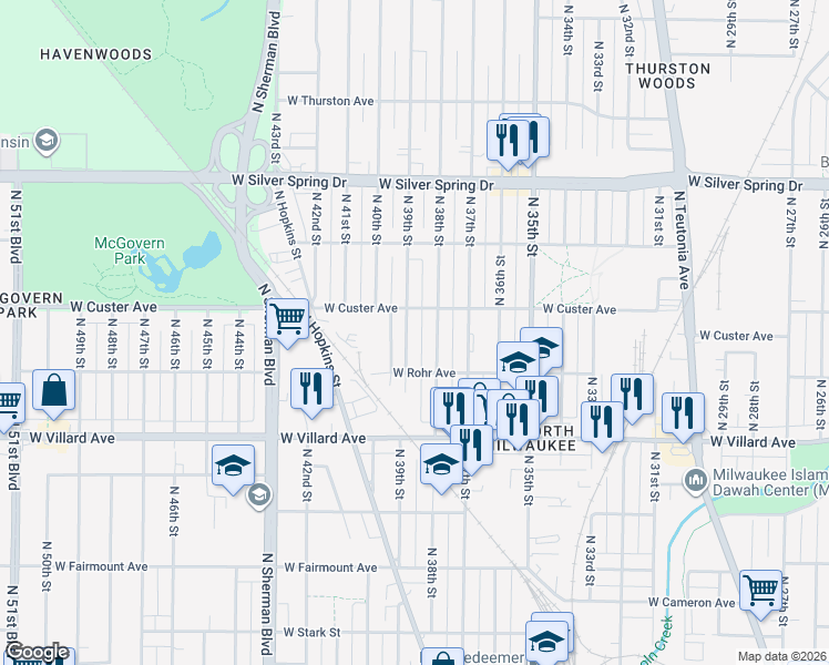 map of restaurants, bars, coffee shops, grocery stores, and more near 5333 North 39th Street in Milwaukee