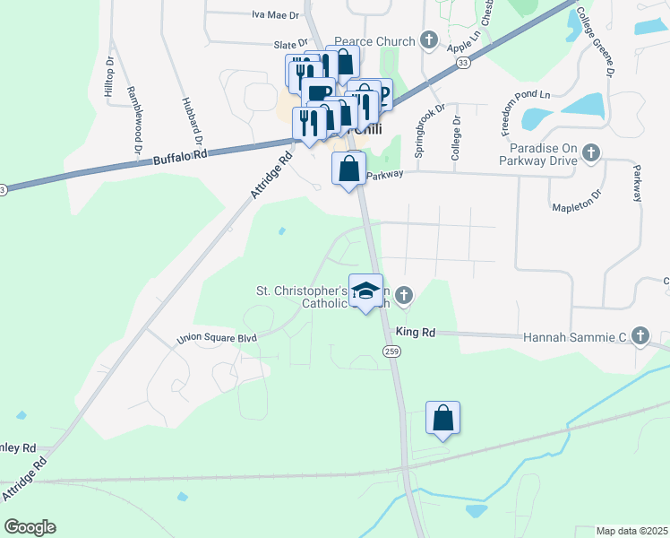 map of restaurants, bars, coffee shops, grocery stores, and more near 165 Union Square Boulevard in North Chili