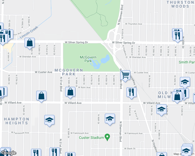 map of restaurants, bars, coffee shops, grocery stores, and more near 5351 North 46th Street in Milwaukee
